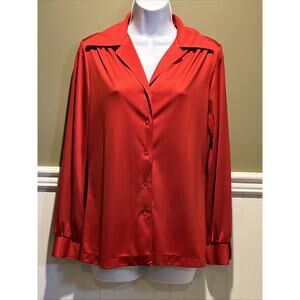 Vintage Joyce Red Button Blouse 70s 80s Mod GoGo Long Sleeve Top S/M